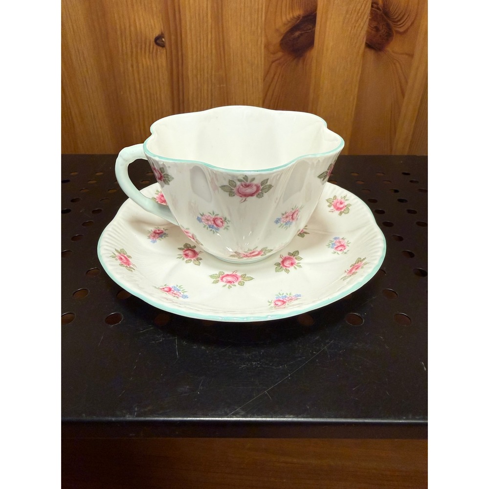 Vintage Shelley England Fine Bone China Rose Floral Cup & Saucer Aqua Trim